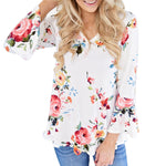 Women Autumn Casual Floral Printing Long Flare Sleeve Tops T-Shirt Blouse