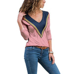 Spring Autumn Mixed Colors V Neck Tops Women Causal Long Sleeved T Shirt