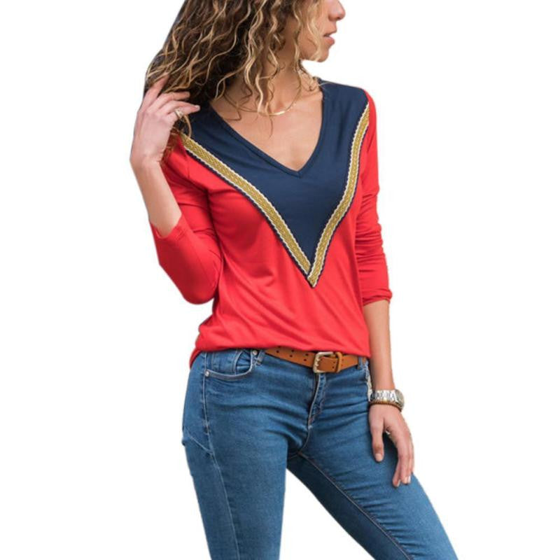 Spring Autumn Mixed Colors V Neck Tops Women Causal Long Sleeved T Shirt