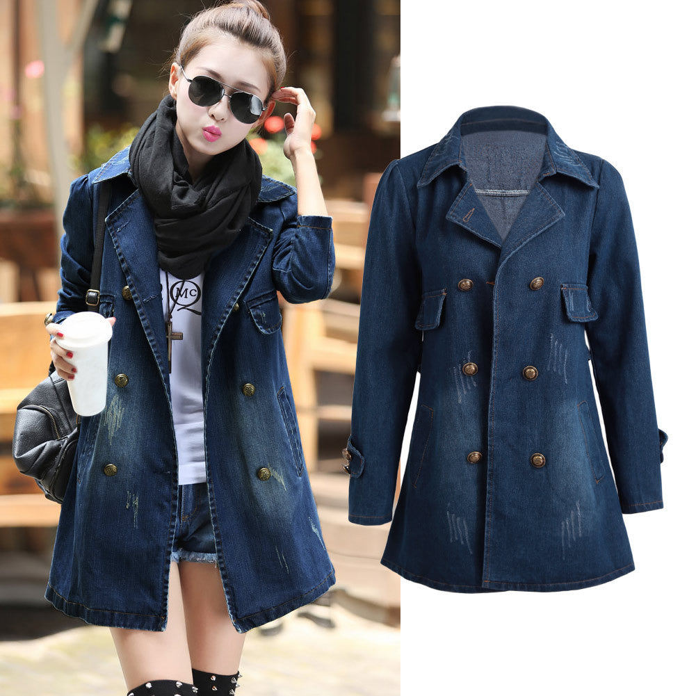 Autumn Women Denim Jacket Vintage Long Sleeves Slim Jeans Jacket Coat Casual Outerwear Blue