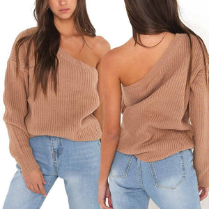 Autumn and Winter Exposed Shoulder Long Sleeves Knitted Sweater