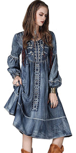 M L High Quality chest 92-96cm vintage cotton autumn 2017 blue long jeans dress women long sleeve denim embroidery mid calf lady #6553